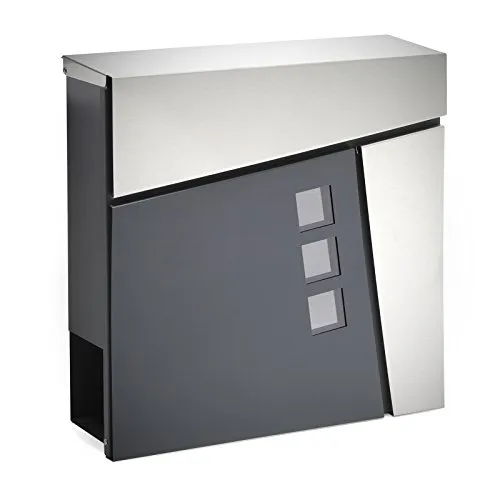 Wiltec Designer Briefkasten V24 Anthrazit und Edelstahl 370 x 105 x 370 mm, Wandbriefkasten mit Schloss, Sichtfenstern und Zeitungsrolle, Postkasten aus pulverbeschichtetem Stahl