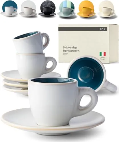 KIVY Espressotassen Set [4 x 75ml] - Handgefertigt aus dickwandigem Steingut Tasse - Espresso Tassen Set mit Untertasse - Espressotassen dickwandig italienisch - Espressotasse Blau Beige - Mokkatassen