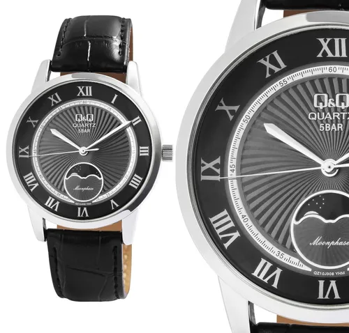 Herren Mondphase Armbanduhr Schwarz Silber Männer 5ATM QZ10J308Y Q&Q by Citizen