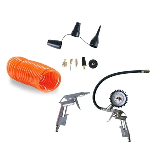 Starkwerk Druckluft Set 11 teilig Reifenfüller Ausblaspistole 5 Meter Druckluftschlauch Zubehör mit Adapter-Set Ballnadel - Druckluft Zubehör für Werkstatt & Garage
