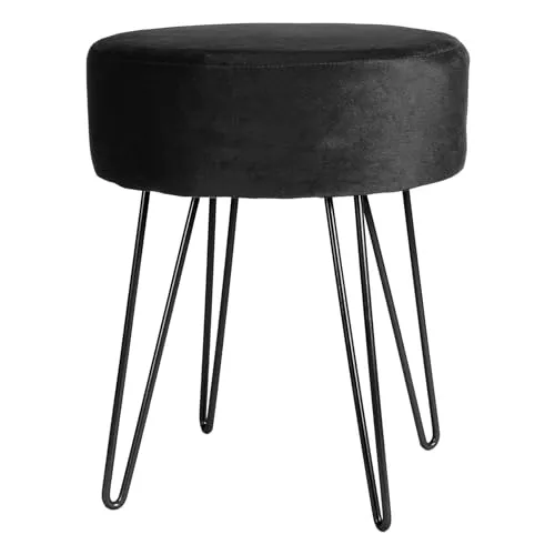 Harbour Housewares 1x Schwarz/Schwarz H40 x D35cm Runden Samt-Fußhocker - Klein Wohnzimmer Schminktisch Fußbank Ottomane Sitzpuff Stuhl Sitz