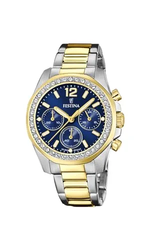 Festina Damen Analog Quarz Uhr F20607/2 - Elegante Armbanduhr für Damen mit silber-goldenem Edelstahlgehäuse, 10 bar Wasserdichtigkeit und stilvollem blauen Ziffernblatt – ideal zum Schwimmen und für den Alltag.