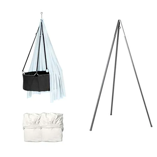 Wiegen-SET - Wiege mit Stativ grau, Schleier dusty blue und 2 Stück Spannbetttücher weiß