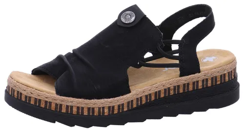 Rieker Damen Pantoletten V7972 - Elegante Slipper für den Sommer - Wanderschuhe in Schwarz, ideal für warme Tage mit bequemem Keilabsatz von 4.4 cm und leichtem Kunstleder-Obermaterial für optimalen Tragekomfort.