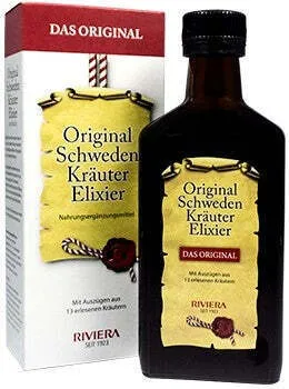 Riviera Original Schwedenkräuter Elixier 250 ml - Aromatischer Cocktail-Bitter mit Kräuterauszügen, ideal für die Verfeinerung von Getränken. Enthält 38 Vol.% Alkohol und ist ohne Zuckerzusätze. Perfekt für Genießer!