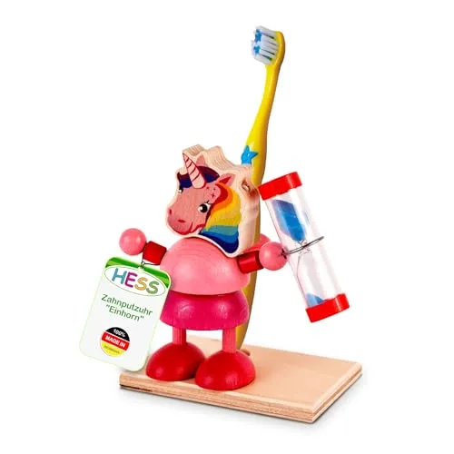 Hess Holzspielzeug 14588 - Zahnputzuhr aus Holz für Kinder, Serie Einhorn, inkl. Zahnbürstenhalter und drehbarer Sanduhr, handgefertigt, zur täglichen Nutzung beim Zähneputzen