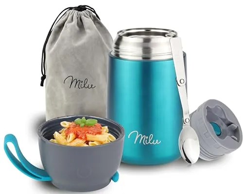 Milu® Thermobehälter für Essen 650ml, Edelstahl Warmhaltebehälter mit Löffel, Thermobecher Essen, Thermo Lunchbox für Kinder, Erwachsene, Thermobox Suppen, Babybrei, Speisebehälter Grün, 650ml