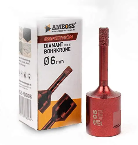 Diamant Bohrkrone Ø6mm - Amboss RED EDITION M14 - für Winkelschleifer - Feinsteinzeug, harte Fliesen, Granit - Die ideale Trockenbohrkrone