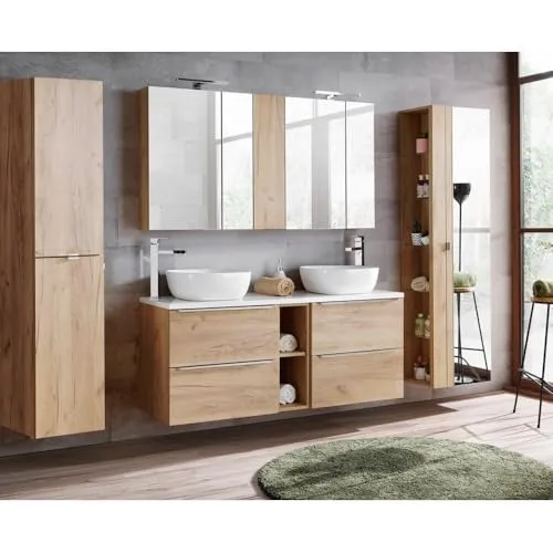 Lomadox Badmöbel-Set TOSKANA-56: Doppelwaschtisch mit 2 Waschbecken - Badmöbel-Set mit elegantem Doppelwaschtisch in Eiche/Hochglanz weiß, ideal für Familienbäder und optimiert für Selbstmontage.