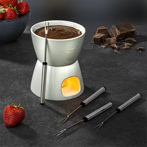 Schokoladen Fondue Set - Porzellan mit 4 Edelstahl Gabeln - Fondue-Sets für ein unvergessliches Schokoladenerlebnis, ideal für romantische Abende oder gesellige Feiern. Maße: ca. 10,3x10,3x13cm.
