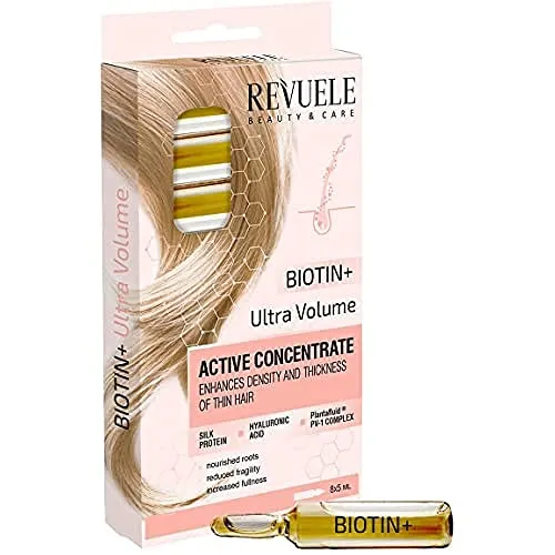 Revuele Ampullen Aktiv Haar Konzentrate Biotin Ultra Volumen 5 ml 100% Reine Natürliches und Organisches mit Seidenproteine Gesunde Haare mit ganz viel Glanz