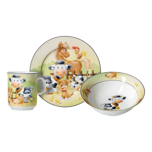 Ritzenhoff & Breker Kindergeschirr 'Hoftiere' 3-teilig - 3-teiliges Kindergeschirr aus hochwertigem Porzellan, mit buntem Hoftiere-Motiv - ideal für ein fröhliches Essenserlebnis für Kinder.