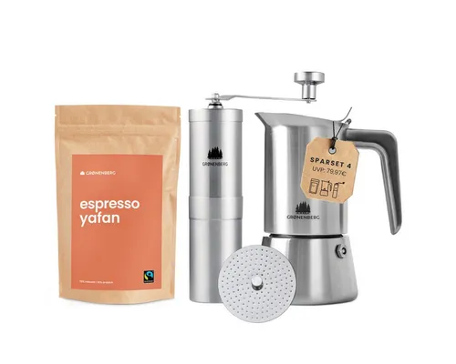 GRØNENBERG Espressokocher Spar Set 4: Espresso 250g + Kaffeemühle + Espressokocher (4, 6 Cup), Induktion geeignet & Inkl. Ersatz Dichtung