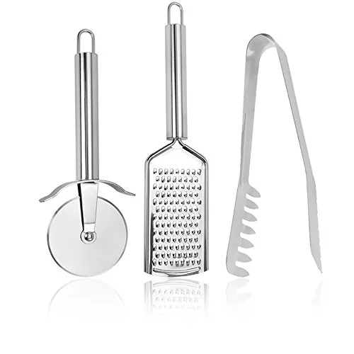 com-four® 3-teiliges Pizza und Pasta Set aus Edelstahl, Servierzange, Pizzaschneider, Käsereibe - Küchenhelfer - Pizzaroller - Nudelzange
