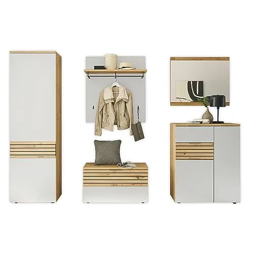 MILAN Flurgarderoben Set in Weiß - Modernes 5-teiliges Garderobenset für Ihren Eingangsbereich - DROHNEN - Modernes Garderobenset mit harmonischer Farbkombination und viel Stauraum für Jacken, Schuhe und mehr. Ideal für einen stilvollen Eingangsbereich.