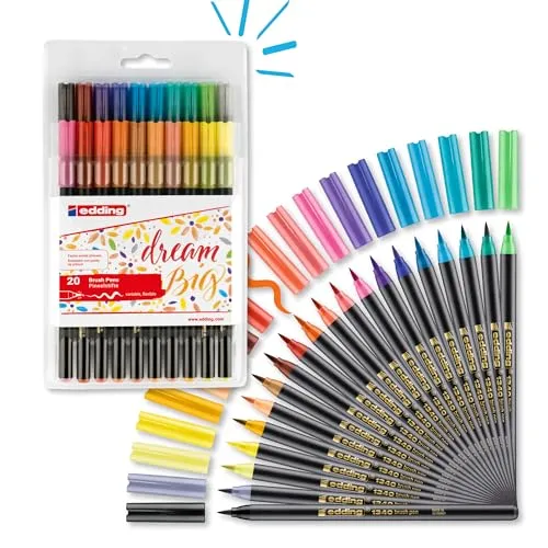 EDDING Pinselmaler Brushpen 1340 - 20 Farben - Vielseitiges Set mit 20 Pinselmalern in verschiedenen Stärken, ideal für kreative Projekte. Hergestellt in Deutschland, perfekt für Kunst und Design.
