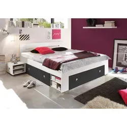 Stella Trading STEFAN Doppelbett 140 x 200 cm mit 2 Nachtkommoden - Schlafzimmer Komplett-Set in elegantem Weiß/Graphit, inklusive viel Stauraum und einfacher Montage für ein modernes Wohngefühl.