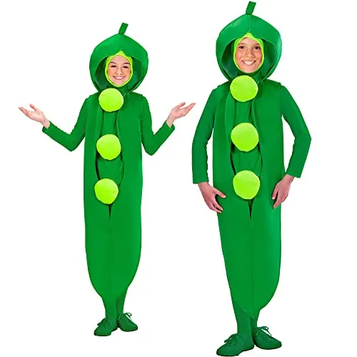 Lustiges Erbse Greeny Kinder Kostüm - 140 - Kostüm für Kinder, bestehend aus einem grünen Overall im Schoten-Look mit Plüsch-Erbsen, ideal für Fasching und Karneval, sorgt für viel Spaß und Lachen!