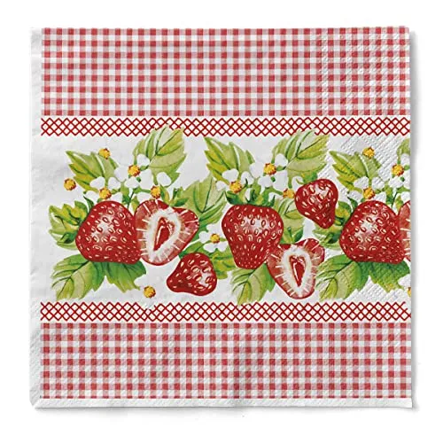 Sovie HOME Serviette ERDBEEREN/STRAWBERRIES aus 3-lagiges Tissue, 33x33cm, 20 Stück, Design mit Erdbeeren und rot-weißen Karobordüren, dekorativ, Party, Buffet