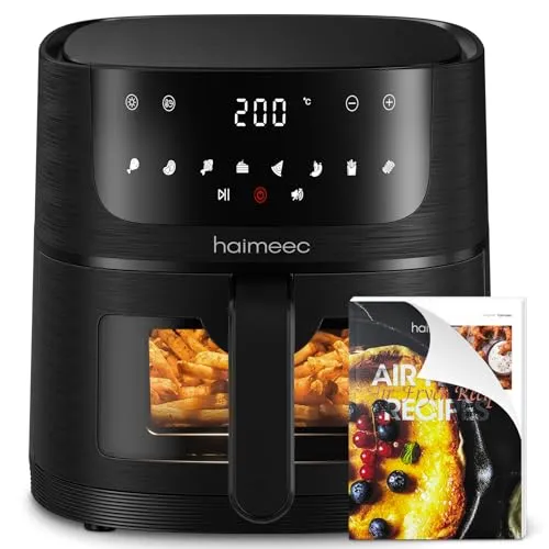 HAIMEEC Airfryer 4L, Heißluftfritteuse mit Sichtfenster, Fritteuse ohne Öl mit Shake-Reminder, Antihaftbeschichtet, 30-200°C, 78 Rezepte, 8-in-1 Kochvorgaben, Leise Heissluftfritteuse<60db