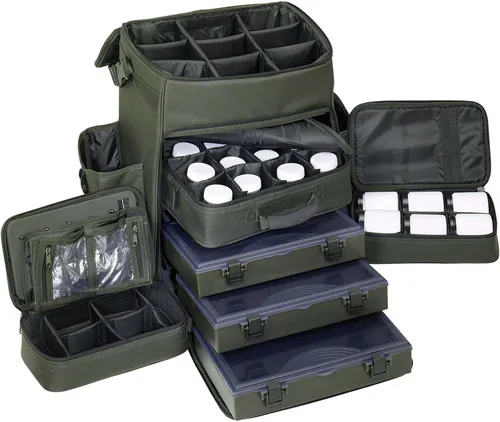 Anaconda Karpfenrucksack Big Hopper - Camping-Möbel mit innovativem Schubladen-System, inklusive 3 Tackle Chest L-Boxen und 12 Bait Bottles für optimalen Transport und Organisation beim Angeln.