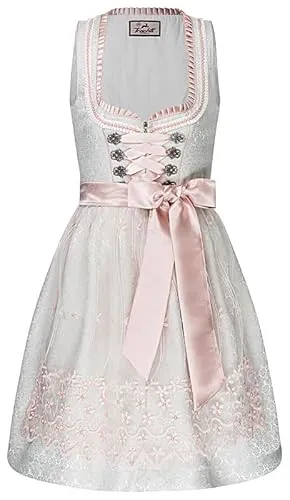 Trachtl- Midi Dirndl Michelle Trachtenkleid Dirndl Damen 2. TLG- Set Trachtenkleid in Hellgrau/Rosa mit Schürze (Hellgrau/Rosa, 40)