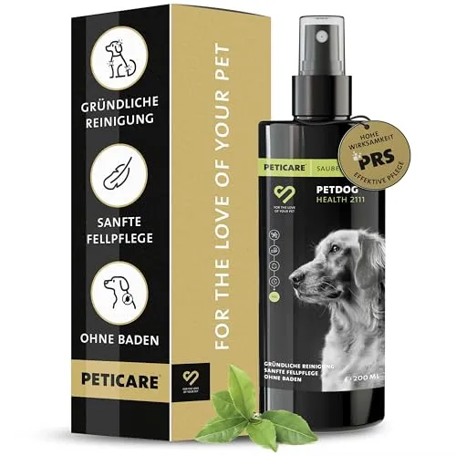 Peticare Natürliches Trocken-Shampoo für Hunde | Stressfreie Reinigung ohne Wasser | bei Schmutz, Gerüchen | Fell-Pflege für alle Fellarten | Mit Argan- & Kokosöl, parabenfrei | petDog Health 2111