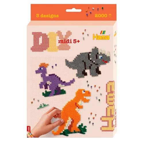 Hama Perlen 3434 Geschenk-Set Dino - ca. 2.000 bunte Midi Bügelperlen, fördert Kreativität und Feinmotorik für Kinder ab 5 Jahren