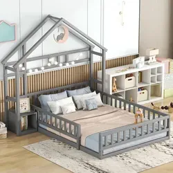 Flieks Kinderbett 140x200cm mit Rausfallschutz - Kinderzimmermöbel mit niedlicher Hausform, inklusive Nachttisch und sicherem Rausfallschutz für ein kindgerechtes Schlafumfeld.