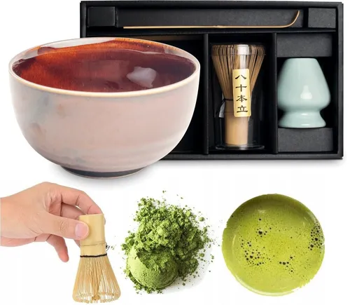 WESTCRAFT Matcha Set 4 tlg. - Original Japanische Schale mit Besen & Löffel - Traditionelles Matcha Set in Geschenkverpackung: Handbemalte Schale, natürlicher Bambusbesen und Löffel für die perfekte Zubereitung. Ideal für Teeliebhaber und besondere Anlässe.
