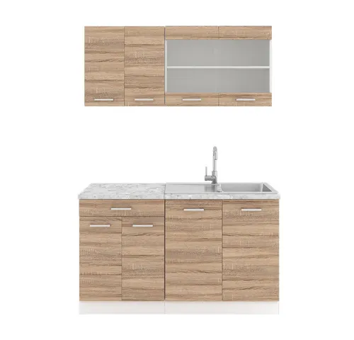 Vicco Küchenzeile R-Line, Sonoma/Weiß, 140 cm mit Marmorarbeitsplatte - Küchenzeilen für kleine Räume, kompakt und flexibel, ideal für Wohnungen und Büros, mit höhenverstellbaren Füßen für ergonomisches Arbeiten.