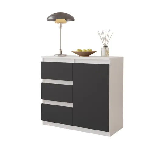 MIKEL Kommode mit 3 Schubladen und 1 Tür - Weiß Matt / Anthrazit Grau - Moderne Kommode MIKEL mit grifflosen Design für mehr Sicherheit. Bietet viel Stauraum in kompakten Maßen – ideal für jedes Zimmer. Hochwertige Verarbeitung und einfache Montage.