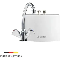 SaniSelf Kleindurchlauferhitzer KDU Hydraulisch 3,5 kW - Energiesparend - Durchlauferhitzer für Handwaschbecken, hydraulisch gesteuert, spart bis zu 85 % Energie im Vergleich zu herkömmlichen Speichern. Einfache Installation und inklusive passender Niederdruck-Armatur.