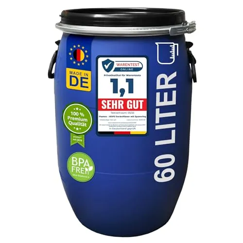 plasteo® 60 Liter Deckelfass Weithalsfass mit Spannverschluss | Futtertonne | Universalfass | Lagerfass | Campingfass | Transportfass | Regenfass | Stapelbar | IKG Gütezeichen | Blau