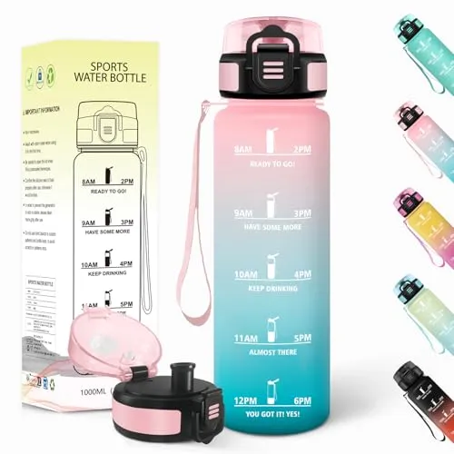 Baramumu Trinkflasche 1l, Auslaufsicher, Trinkflasche Kohlensäure Geeignet, Mit Zeitstempel, Wasserflasche, Sportflasche, für Yoga, Fahrrad, Fitness, Gym, Rosa-Grün