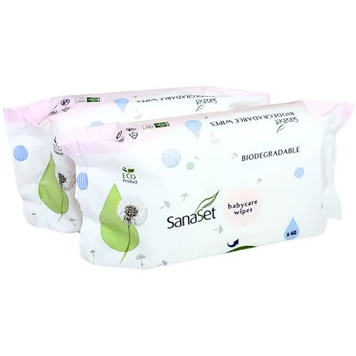 SanaSet Baby Feuchttücher - sanftes Toilettenpapier/Spucktücher mit Aloe Vera, Kamille & Olivenöl für empfindliche Haut - biologisch abbaubar, nachhaltig aus 100% Naturfasern (120 Stk (2er Pack))