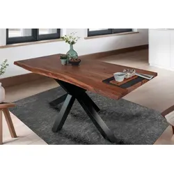 Esstisch 200 x 100 cm Tim, Baumkantentisch nussbaumfarben, Akazienholz massiv, Spider-Gestell aus Metall Schwarz - Braun