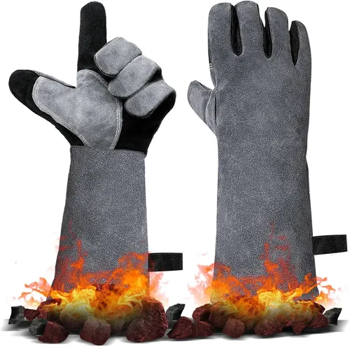 Heat Resistant Leather Barbecue Gloves, Fireplace Gloves, Oven Gloves, Baking