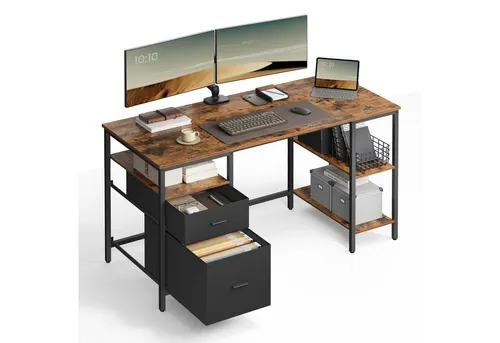 VASAGLE Schreibtisch Computertisch mit 3 Ablagen und 2 Schubladen, 140/160 cm