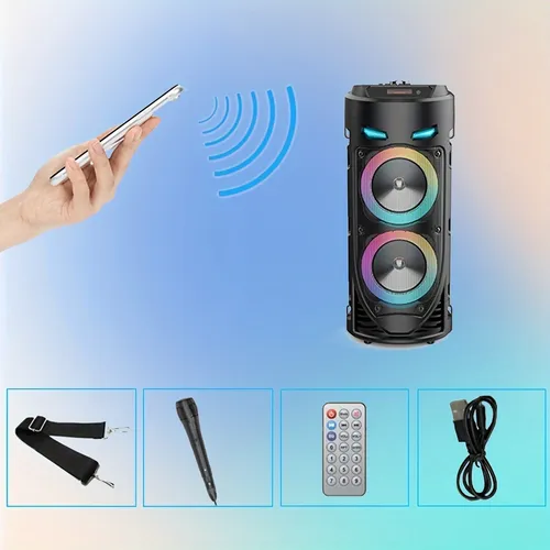 Karaoke Bluetooth Lautsprecher 10W RMS, 2 x 4 Zoll kabelloser Lautsprecher mit Mikrofon, Eco-Effekt, LED und 1500mAh Akku für langanhaltenden Spaß