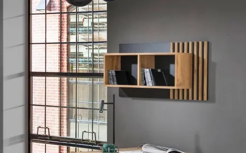 Wandregal Hängeregal 90cm Wotan Eiche schwarz - Modernes Wandregal mit 2 Regalfächern, ideal für die Wandmontage im Wohnzimmer. Aus MDF in Wotan Eiche, bietet Platz für Deko und ist leicht zu montieren.