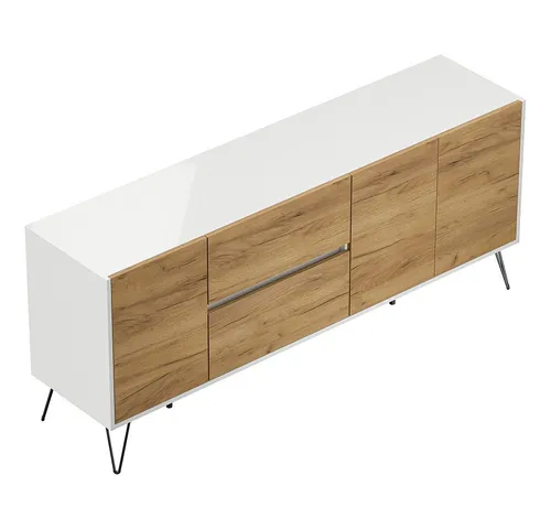 Lomadox Sideboard INDIANAPOLIS-02, 177cm breit, weiß Hochglanz mit Eichee, grifflos