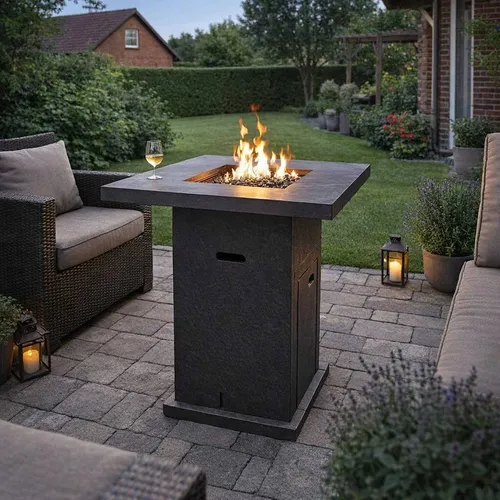 Stehtisch mit Feuerschale und Schublade für den Außenbereich - Modern gestalteter Feuerschalentisch aus Faser-Beton, ideal für Terrassen. Mit praktischer Schublade und kompletten Zubehör für gemütliche Abende im Freien.