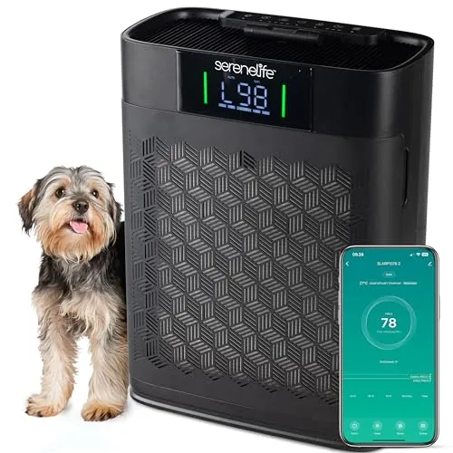 SereneLife Luftreiniger, Air Purifier, Luftfilter, HEPA Filter für Zuhause gegen Schimmel, Staub, Haustier Schuppen Gerüche, Luftreiniger Allergiker für Räume bis 100 m², APP-Steuerung, 20db, Schwarz