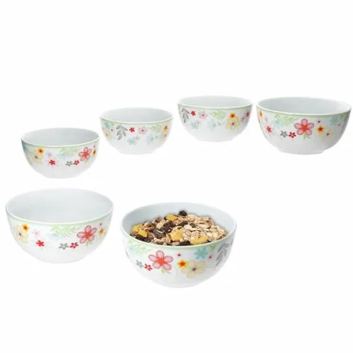 MamboCat 6er Set Blümchen Schalen - Bunte Porzellan Schüsseln für 6 Personen - Salatschüsseln aus robustem Porzellan, ideal für Müsli, Salat und Snacks. Buntes florales Design, spülmaschinen- und mikrowellengeeignet, perfekt für jede Mahlzeit!