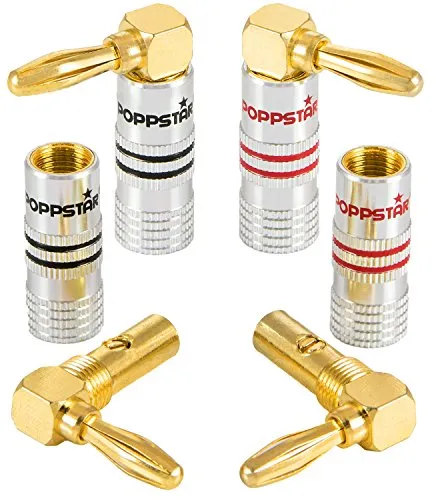 Poppstar 4x High End Bananenstecker gewinkelt (bis 6 mm², 24k vergoldete Kontakte, 2x schwarz, 2x rot)