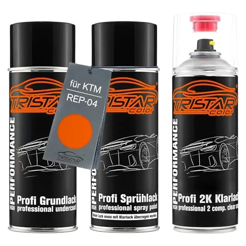 TRISTARcolor Motorradlack 2K Spraydosen Set für KTM REP-04 Orange Grundlack Basislack 2 Komponenten Klarlack Sprühdose