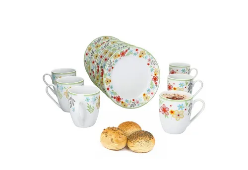 MamboCat Frühstücks-Geschirrset 12tlg für 6 Personen - Elegantes Frühstücksset aus hochwertigem Porzellan mit floralem Blümchen-Design, perfekt für stilvolle Morgenstunden.