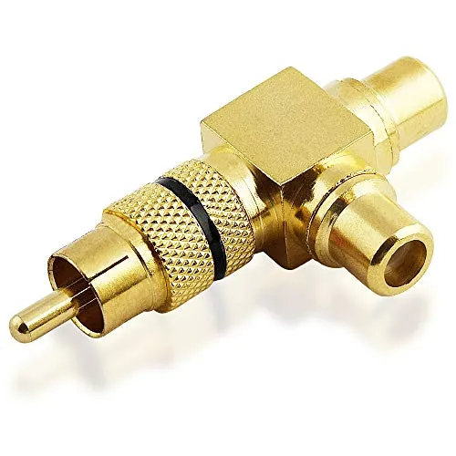BestPlug Video RCA Adapter Verteiler Splitter Weiche, 1 Cinch Stecker männlich gerade auf 1 Cinch Buchse Kupplung weiblich gerade u. 1 Cinch 90° abgewinkelt, vergoldete Metallausführung
