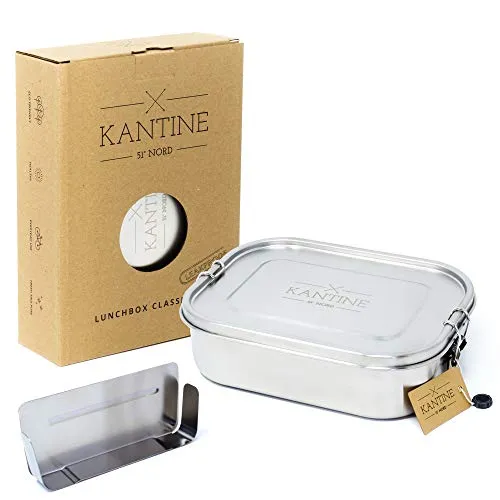 Kantine 51° Nord Edelstahl Lunchbox 1400ml - Auslaufsichere Bento Box mit Fächern - Lunch-Boxen: Diese auslaufsichere Edelstahl-Brotdose mit 1400ml Volumen und flexibler Trennwand ist ideal für Erwachsene und Kinder - perfekt für flüssige Speisen und große Portionen.